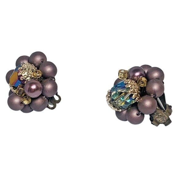 Vintage Japan Purple Rhinestone Flower Clip-On Earrings 1" Beaded Jewelry - Picture 3 of 11